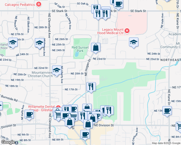 map of restaurants, bars, coffee shops, grocery stores, and more near 2064 Northeast Hogan Drive in Gresham