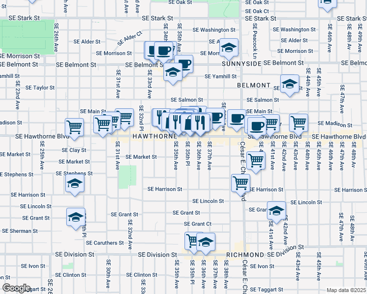 map of restaurants, bars, coffee shops, grocery stores, and more near in Portland
