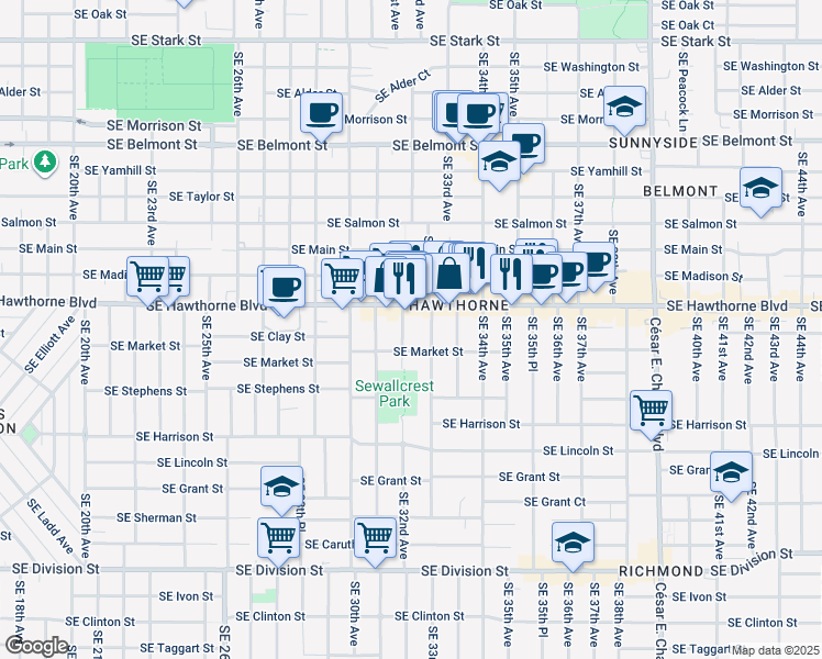 map of restaurants, bars, coffee shops, grocery stores, and more near 1538 Southeast 32nd Avenue in Portland