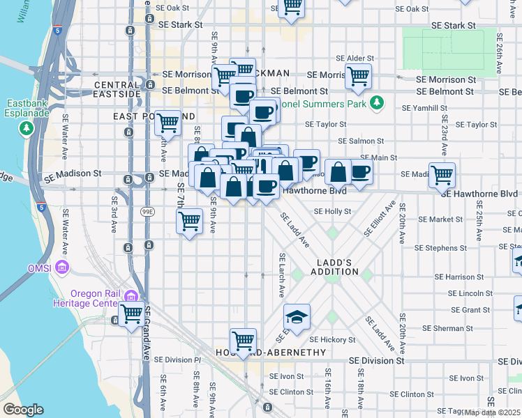 map of restaurants, bars, coffee shops, grocery stores, and more near in Portland