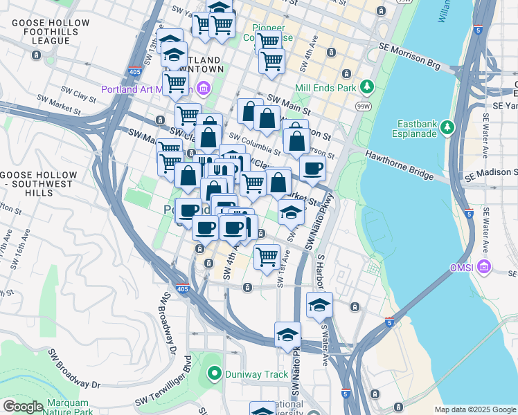 map of restaurants, bars, coffee shops, grocery stores, and more near in Portland