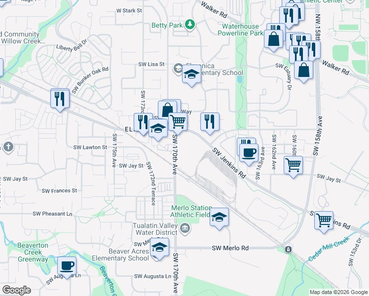 map of restaurants, bars, coffee shops, grocery stores, and more near 1010 Southwest 170th Avenue in Beaverton