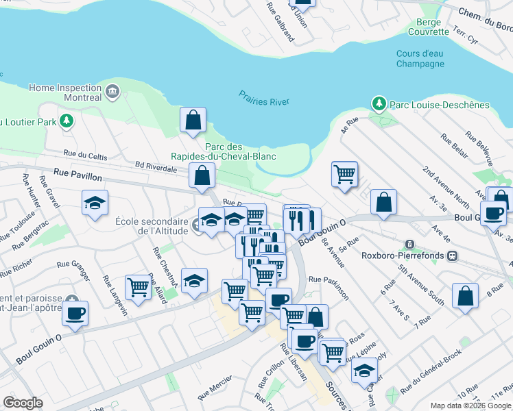 map of restaurants, bars, coffee shops, grocery stores, and more near 11725 Rue Pavillon in Montréal