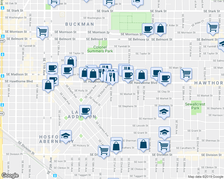 map of restaurants, bars, coffee shops, grocery stores, and more near 1608 Southeast 20th Avenue in Portland