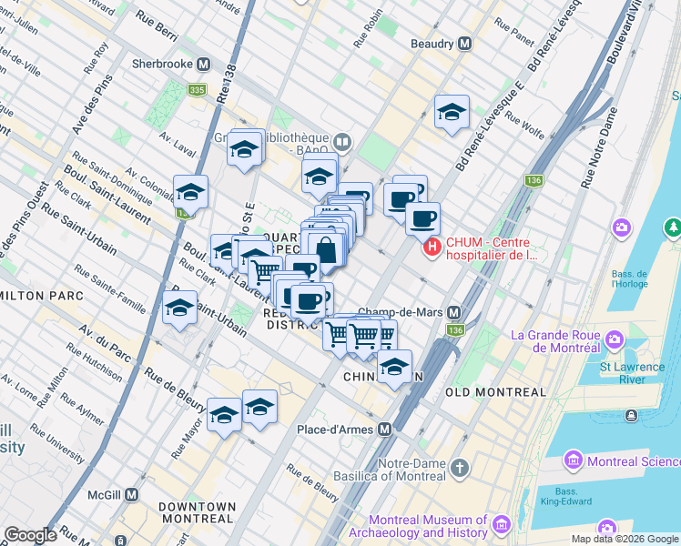 map of restaurants, bars, coffee shops, grocery stores, and more near 1248 Avenue de l'Hôtel-de-Ville in Montréal