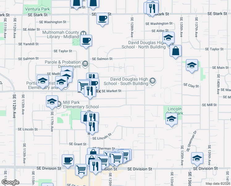 map of restaurants, bars, coffee shops, grocery stores, and more near 12530 Southeast Market Street in Portland