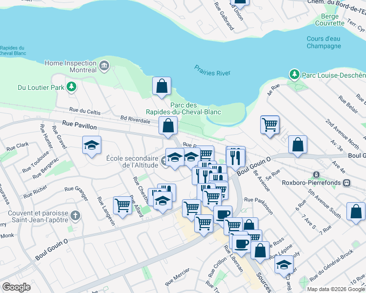 map of restaurants, bars, coffee shops, grocery stores, and more near 11774 Rue Pavillon in Montréal
