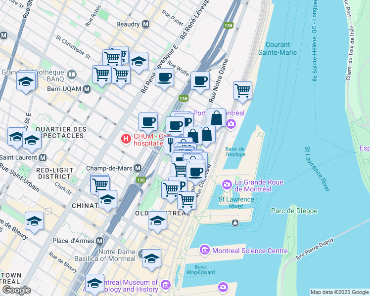 map of restaurants, bars, coffee shops, grocery stores, and more near 460 Champ de Mars Street in Montreal