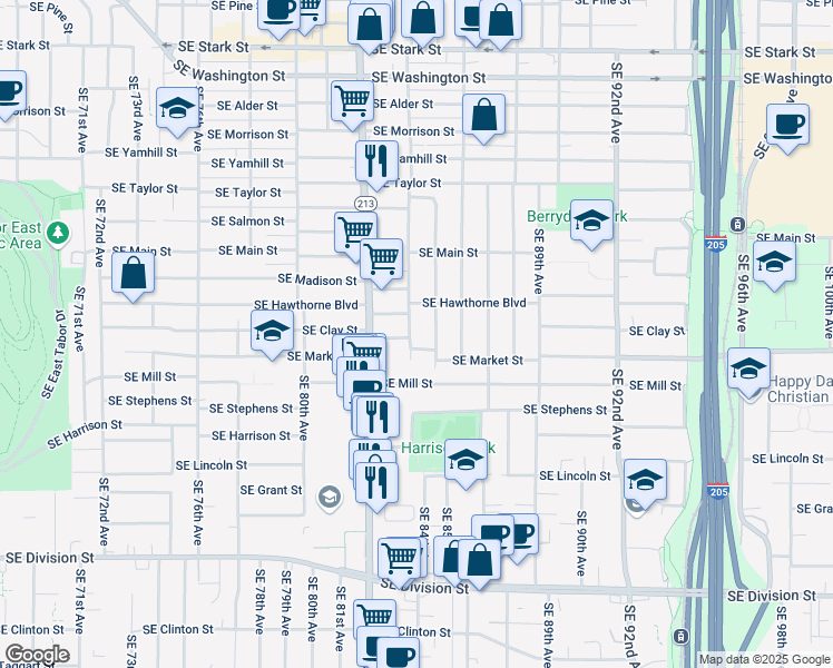 map of restaurants, bars, coffee shops, grocery stores, and more near 1542 Southeast 84th Avenue in Portland