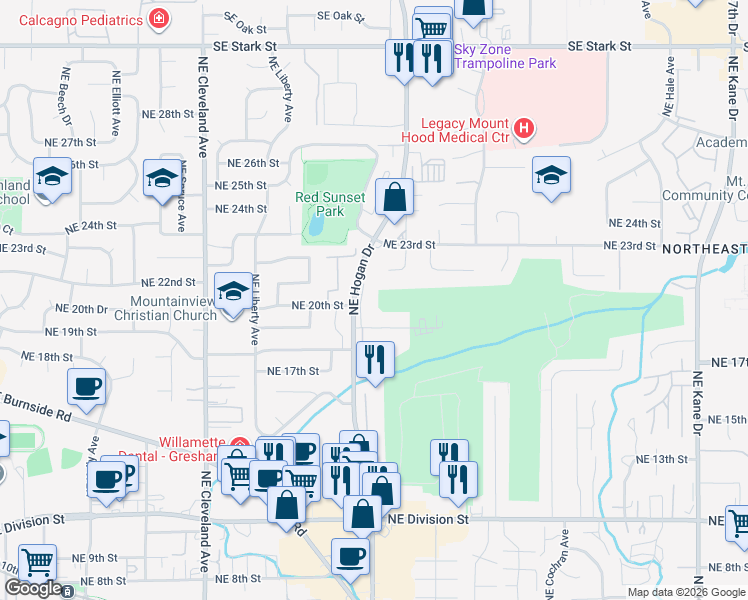 map of restaurants, bars, coffee shops, grocery stores, and more near 2064 Northeast Hogan Drive in Gresham
