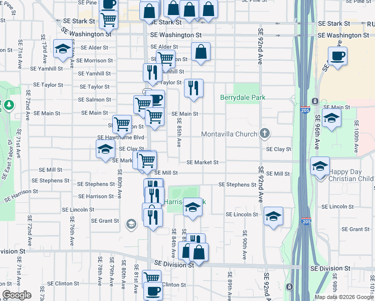 map of restaurants, bars, coffee shops, grocery stores, and more near 1611 Southeast 86th Avenue in Portland