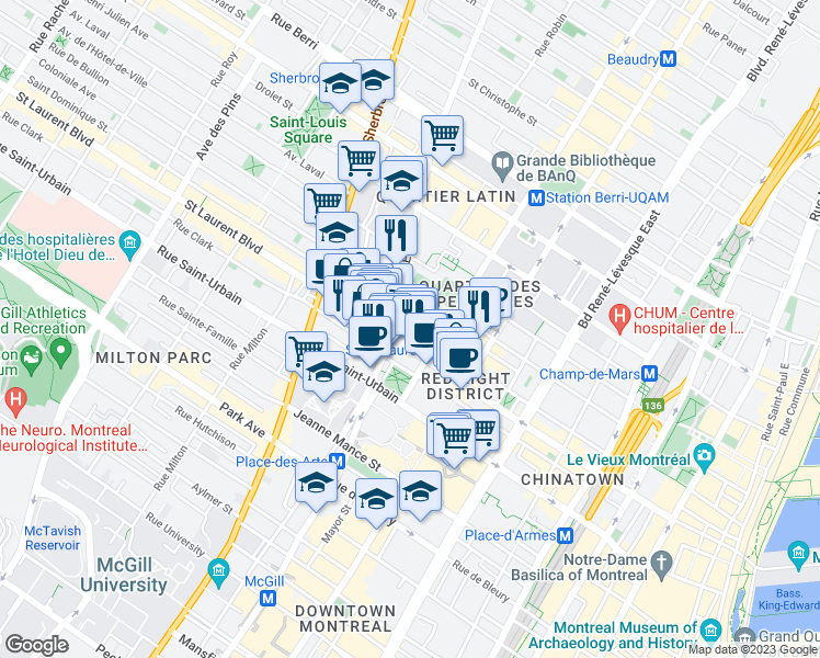 map of restaurants, bars, coffee shops, grocery stores, and more near 1618 Rue Saint-Dominique in Montréal