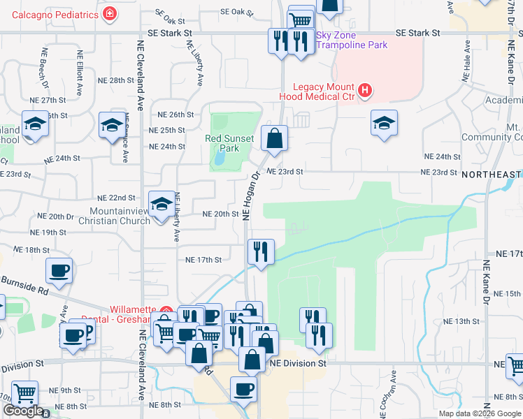 map of restaurants, bars, coffee shops, grocery stores, and more near 2064 Northeast Hogan Drive in Gresham