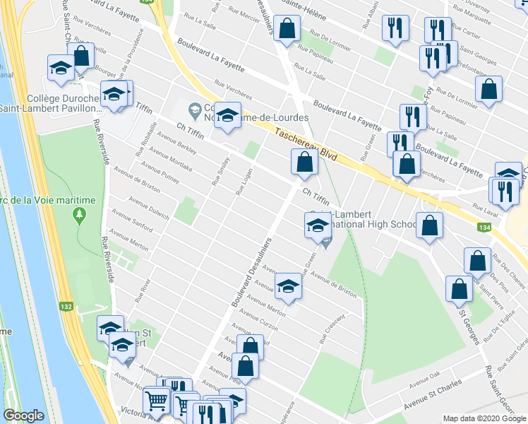 map of restaurants, bars, coffee shops, grocery stores, and more near 365 Avenue de Mortlake in Saint-Lambert