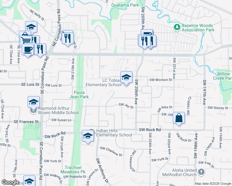 map of restaurants, bars, coffee shops, grocery stores, and more near 1124 Southwest 209th Avenue in Aloha