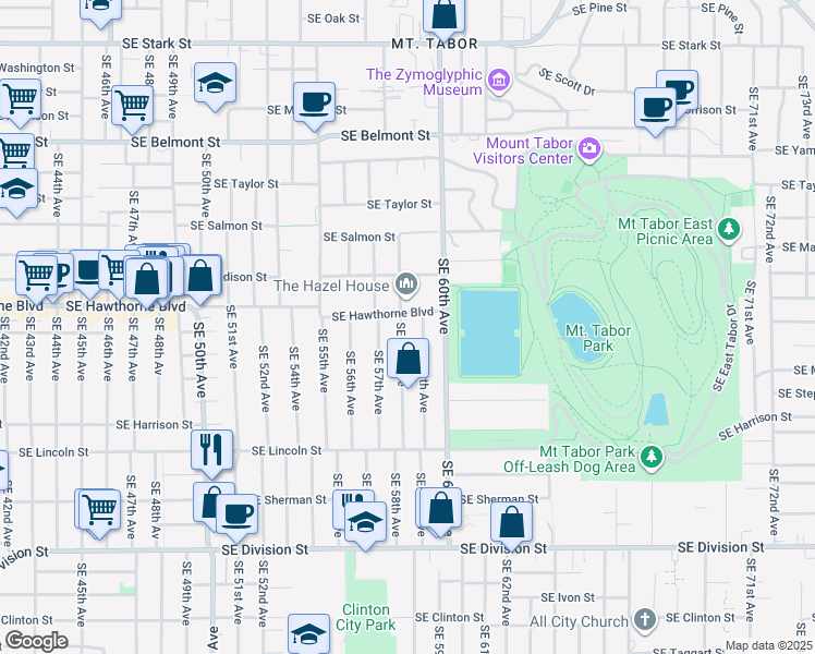 map of restaurants, bars, coffee shops, grocery stores, and more near 1524 Southeast 58th Avenue in Portland