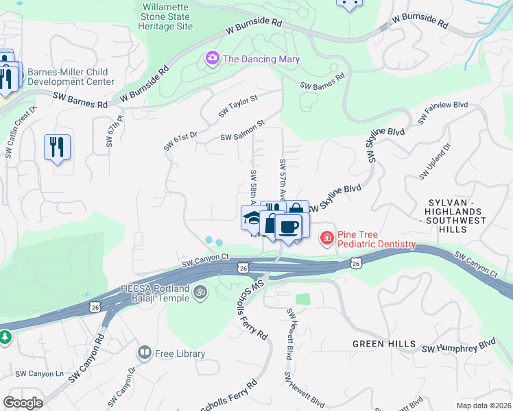 map of restaurants, bars, coffee shops, grocery stores, and more near 1580 Southwest 58th Avenue in Portland