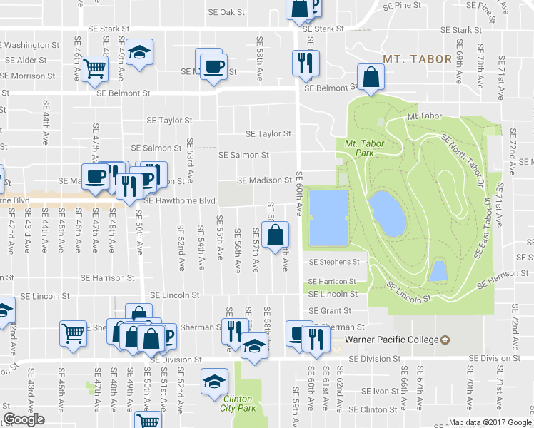 map of restaurants, bars, coffee shops, grocery stores, and more near 1527 Southeast 58th Avenue in Portland