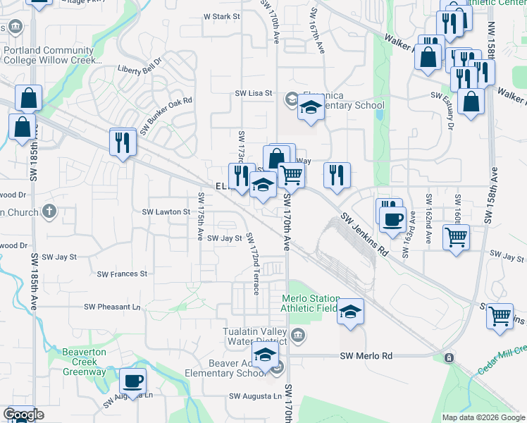map of restaurants, bars, coffee shops, grocery stores, and more near 1145 Southwest 170th Avenue in Beaverton