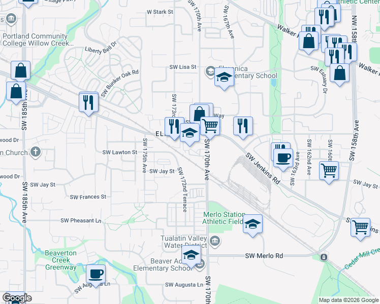 map of restaurants, bars, coffee shops, grocery stores, and more near 1145 Southwest 170th Avenue in Beaverton