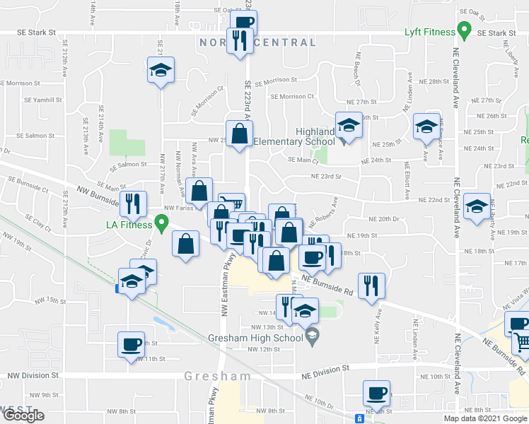 map of restaurants, bars, coffee shops, grocery stores, and more near 2020 Northwest Miller Avenue in Gresham