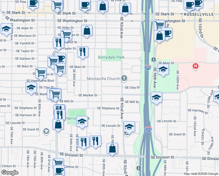 map of restaurants, bars, coffee shops, grocery stores, and more near 9006 Southeast Clay Street in Portland