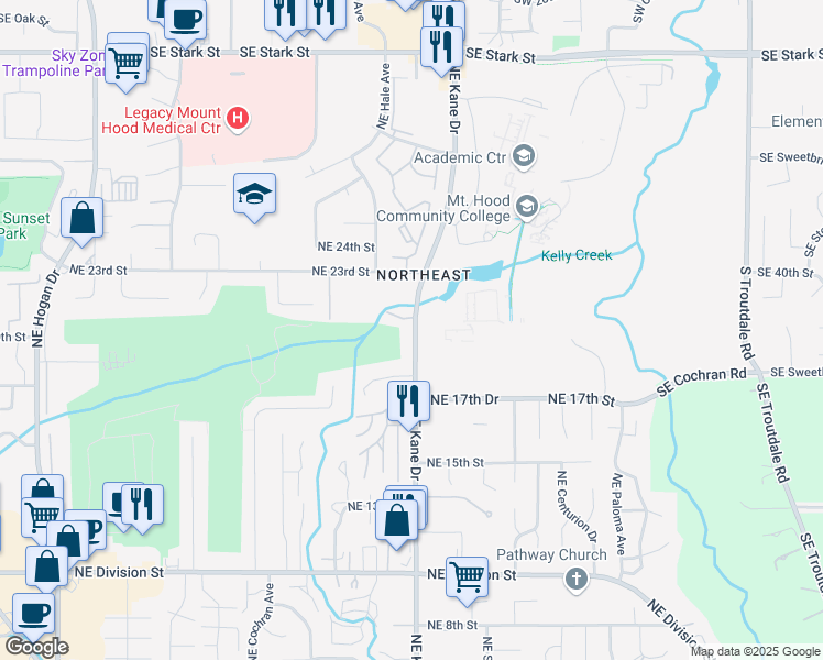 map of restaurants, bars, coffee shops, grocery stores, and more near 2055 Northeast Kane Drive in Gresham