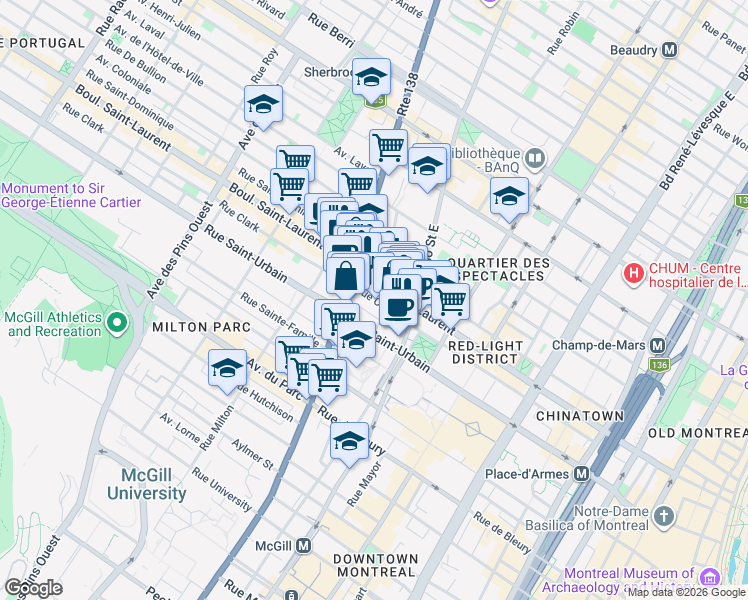 map of restaurants, bars, coffee shops, grocery stores, and more near 2080 Clark Street in Montreal