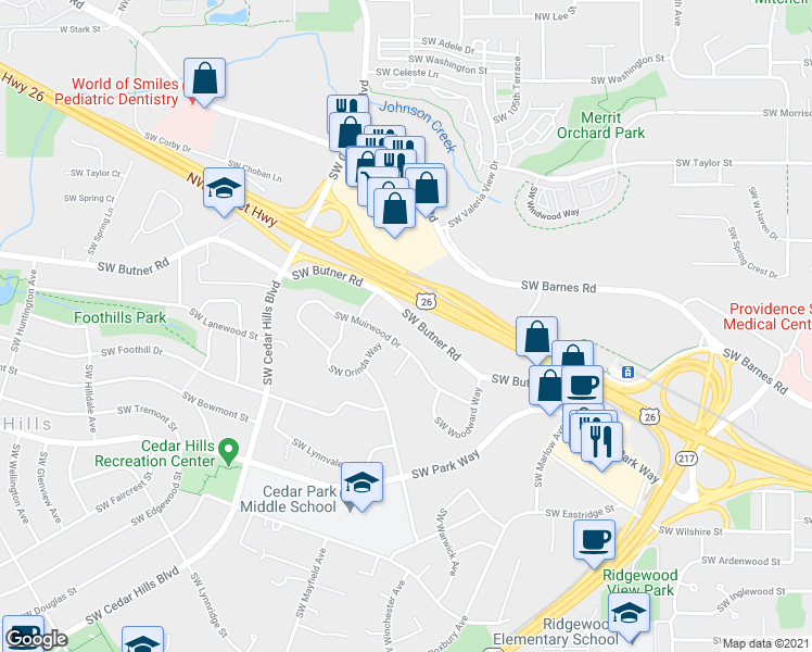 map of restaurants, bars, coffee shops, grocery stores, and more near 10960 Southwest Butner Road in Portland
