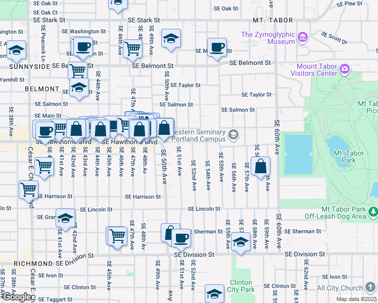 map of restaurants, bars, coffee shops, grocery stores, and more near 1535 Southeast 52nd Avenue in Portland