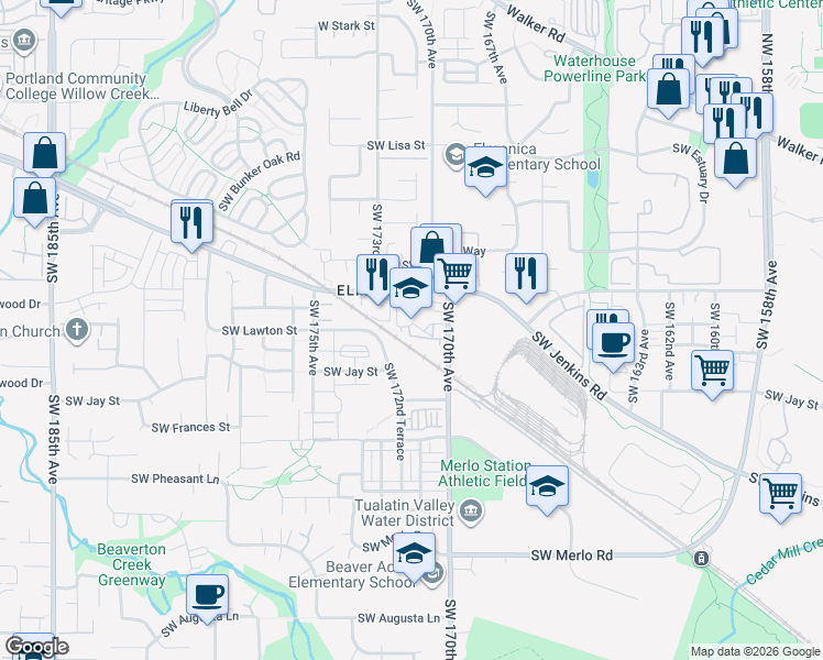 map of restaurants, bars, coffee shops, grocery stores, and more near 1111 Southwest 170th Avenue in Beaverton