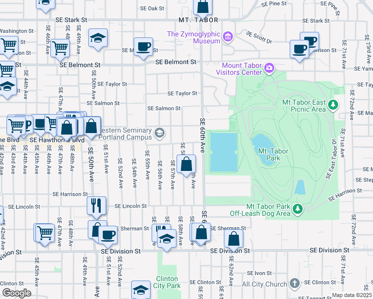 map of restaurants, bars, coffee shops, grocery stores, and more near 1524 Southeast 58th Avenue in Portland