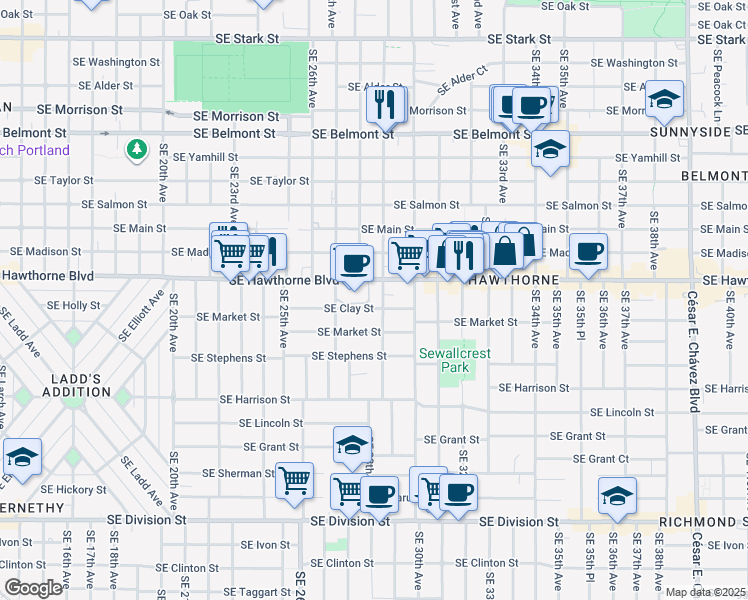 map of restaurants, bars, coffee shops, grocery stores, and more near 1535 Southeast 29th Avenue in Portland
