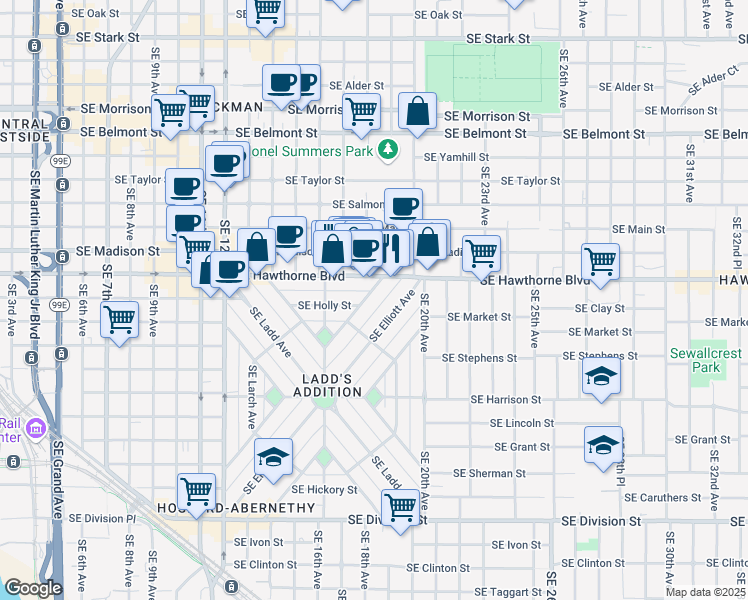 map of restaurants, bars, coffee shops, grocery stores, and more near 1550 Southeast Poplar Avenue in Portland