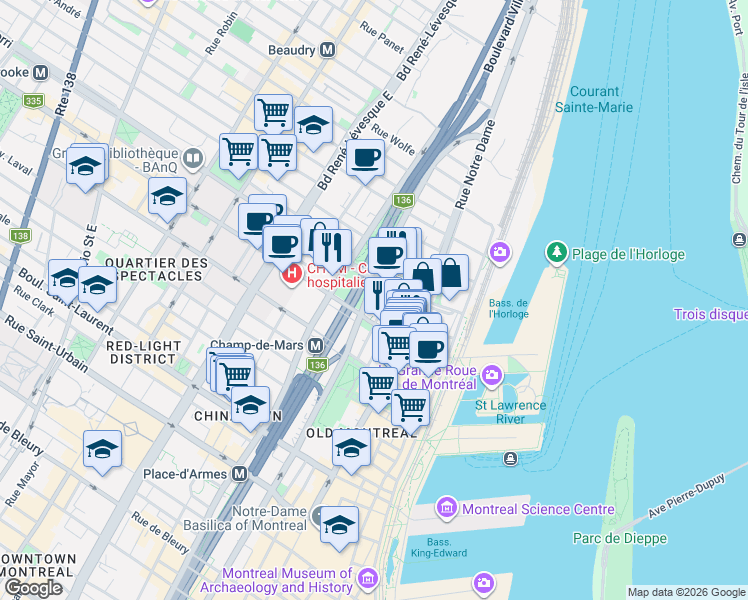 map of restaurants, bars, coffee shops, grocery stores, and more near 442 Rue Saint-Antoine Est in Montréal