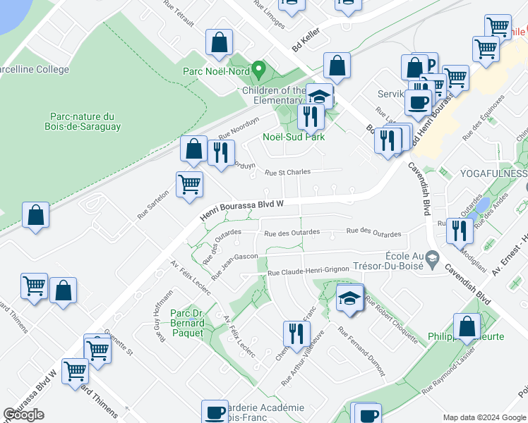 map of restaurants, bars, coffee shops, grocery stores, and more near 4624 Rue Vittorio-Fiorucci in Montréal