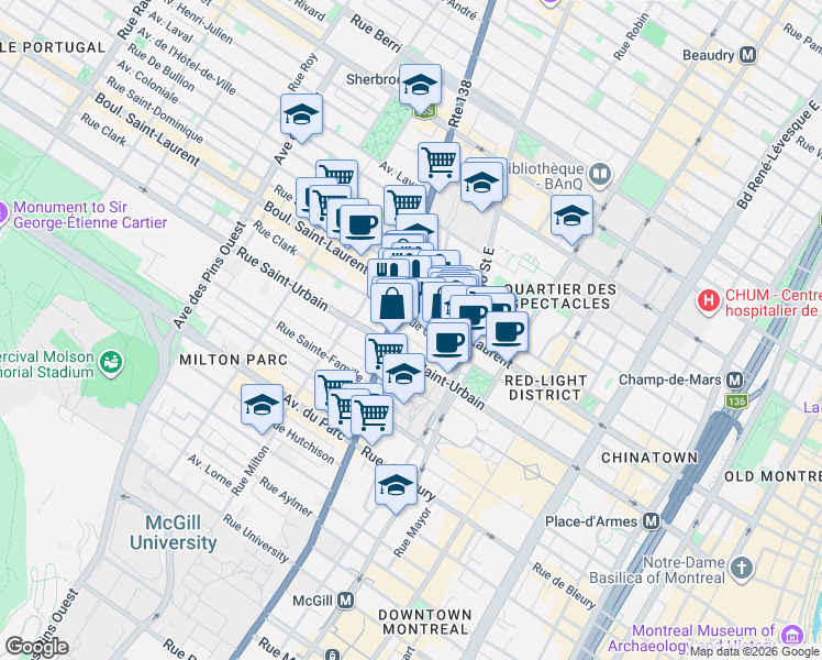 map of restaurants, bars, coffee shops, grocery stores, and more near 2110 Rue Clark in Montréal