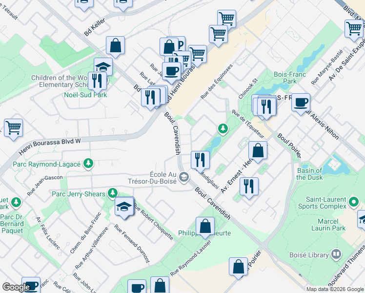 map of restaurants, bars, coffee shops, grocery stores, and more near 14341 Boulevard Cavendish in Montréal