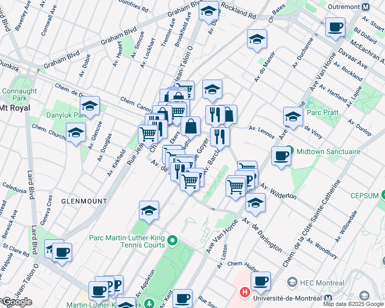 map of restaurants, bars, coffee shops, grocery stores, and more near 2735 Rue Goyer in Montréal