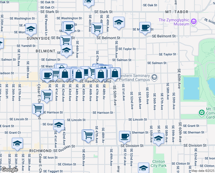 map of restaurants, bars, coffee shops, grocery stores, and more near 1525 Southeast 49th Avenue in Portland