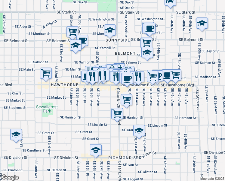 map of restaurants, bars, coffee shops, grocery stores, and more near 1534 Southeast 38th Avenue in Portland