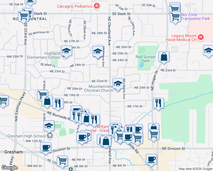 map of restaurants, bars, coffee shops, grocery stores, and more near 2105 Northeast Cleveland Avenue in Gresham