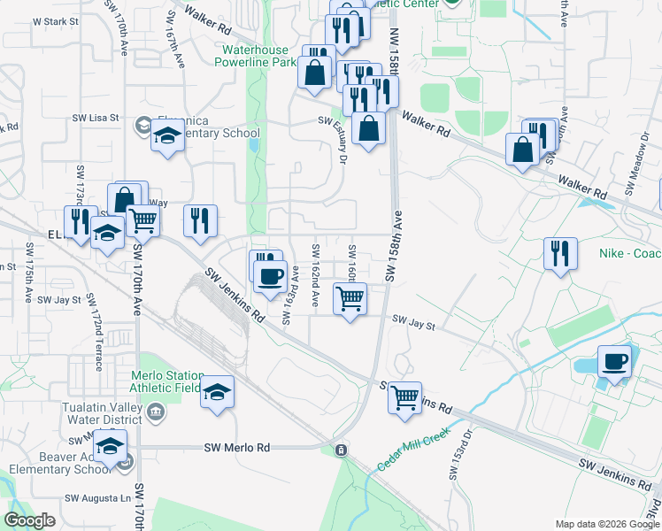 map of restaurants, bars, coffee shops, grocery stores, and more near 16114 Southwest Mason Lane in Beaverton