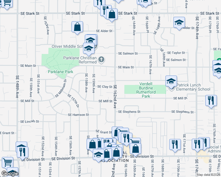 map of restaurants, bars, coffee shops, grocery stores, and more near 16050 Southeast Clay Street in Portland