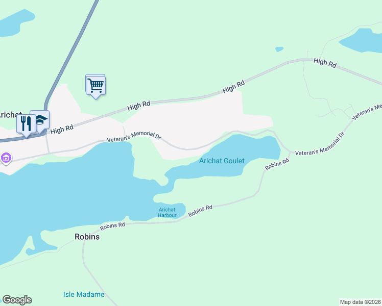 map of restaurants, bars, coffee shops, grocery stores, and more near 978 Veteran's Memorial Drive in Arichat