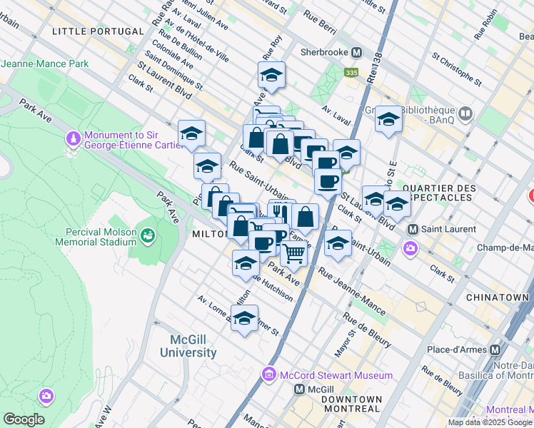 map of restaurants, bars, coffee shops, grocery stores, and more near 3575 Rue Sainte-Famille in Montréal