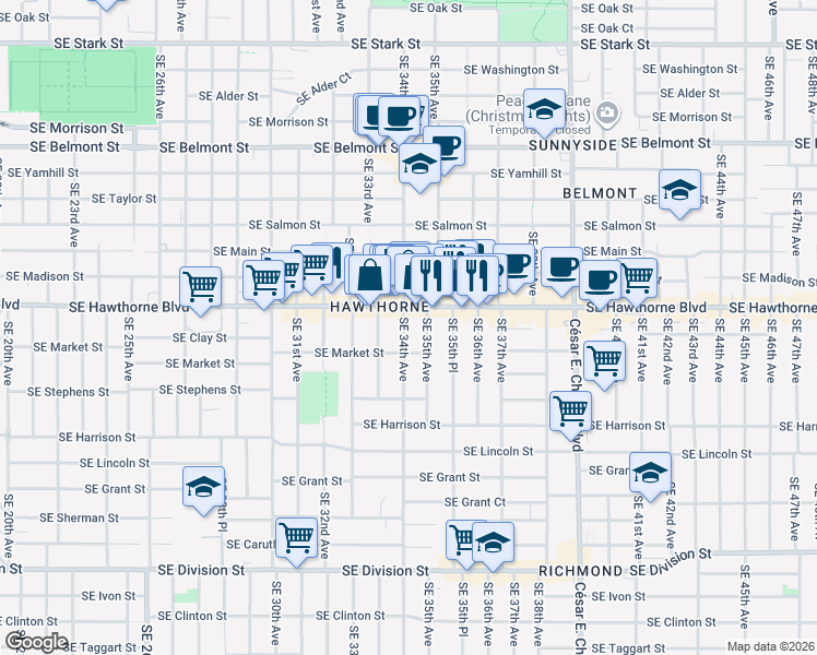 map of restaurants, bars, coffee shops, grocery stores, and more near 1534 Southeast 34th Avenue in Portland