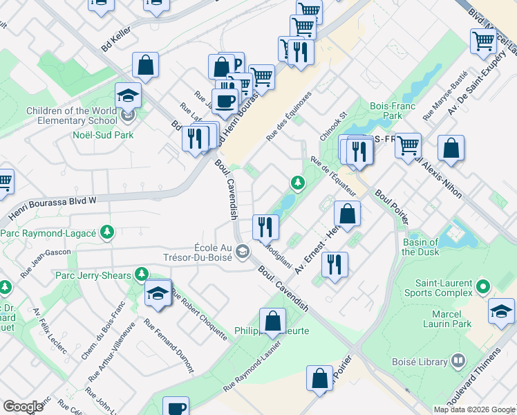 map of restaurants, bars, coffee shops, grocery stores, and more near 2329 Rue Modigliani in Montréal