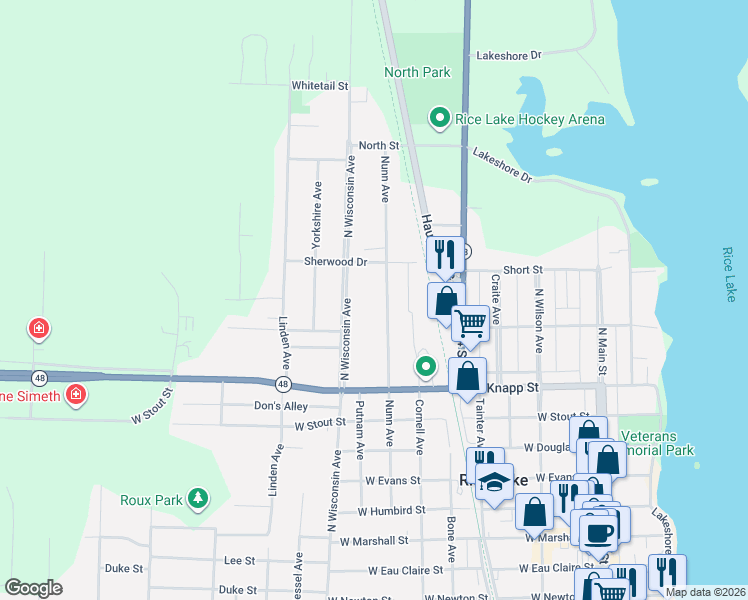 map of restaurants, bars, coffee shops, grocery stores, and more near 920 Nunn Ave in Rice Lake