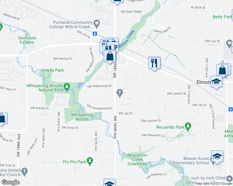 map of restaurants, bars, coffee shops, grocery stores, and more near 18490 Southwest Longacre Street in Beaverton